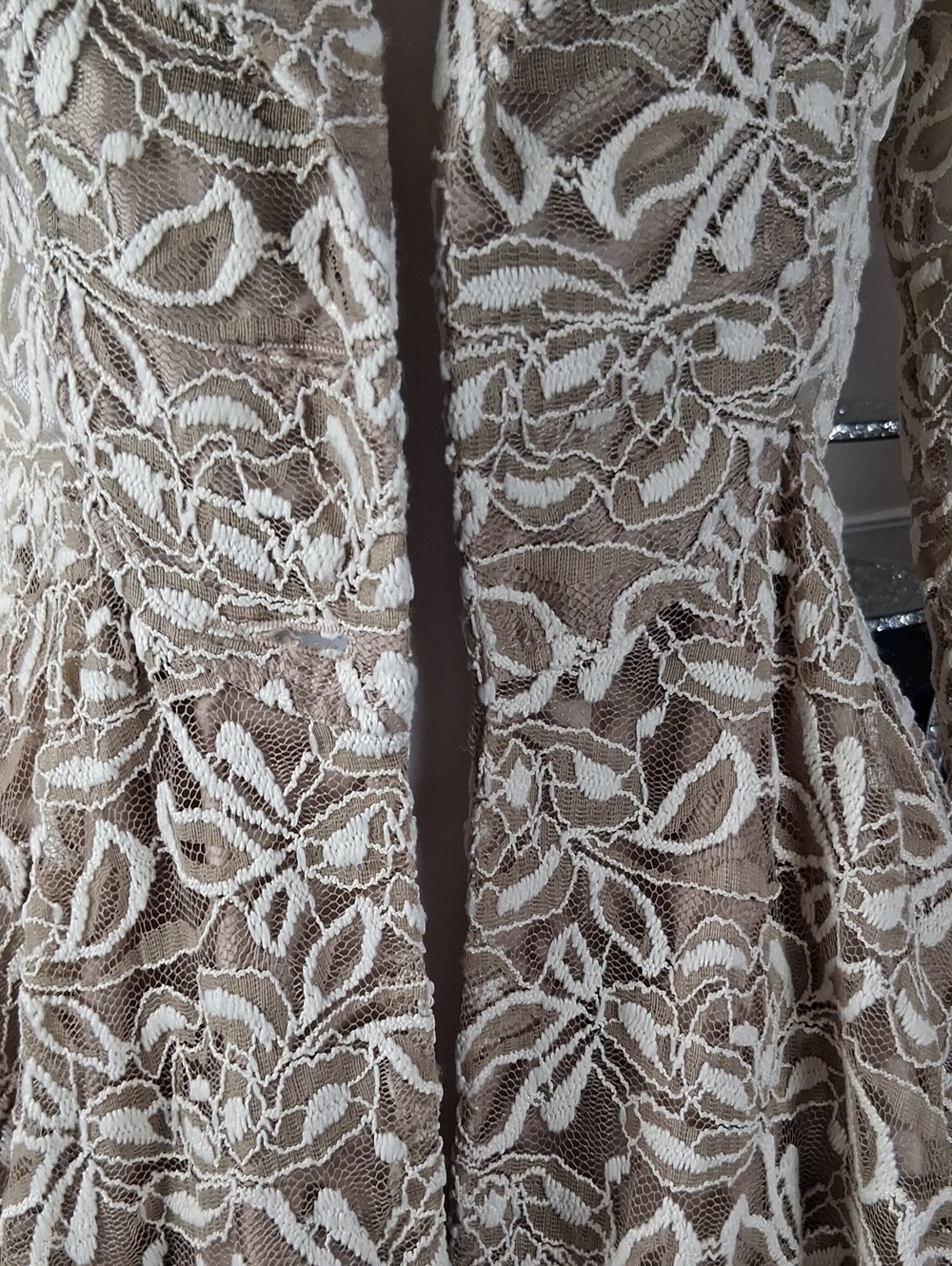Women's Ivory And Tand Floral Lace Fit-and-Flare Coat Dress Tulle Trim Small - Picture 6 of 16